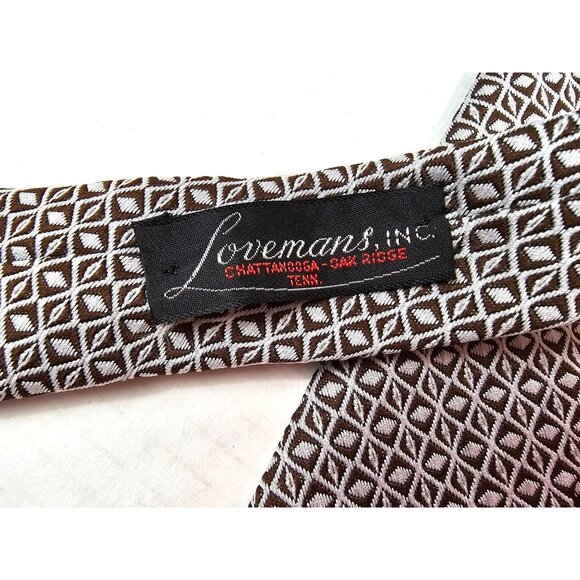 Vintage Lovemans Brown & White Geometric Pattern Necktie Polyester Red Lining - Picture 6 of 7